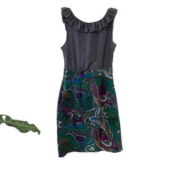 Anthropologie Maeve Grey Ruffle Silk Paisley Sleeveless Dress sz. 0 mixed media - Picture 3 of 10